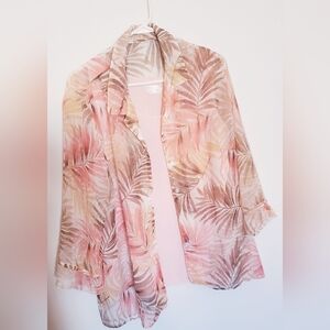 Women's XL Tropical Leaf Print Sheer Blouse with Pink Tank